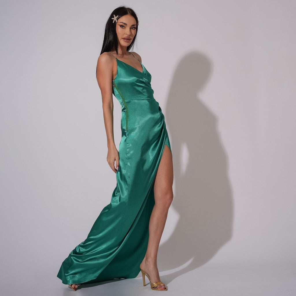 Rochie lunga verde din satin Be that girl Carolina D