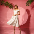 Rochie alba midi din in pe umeri cu insertie din dantela Mimi Carolina D