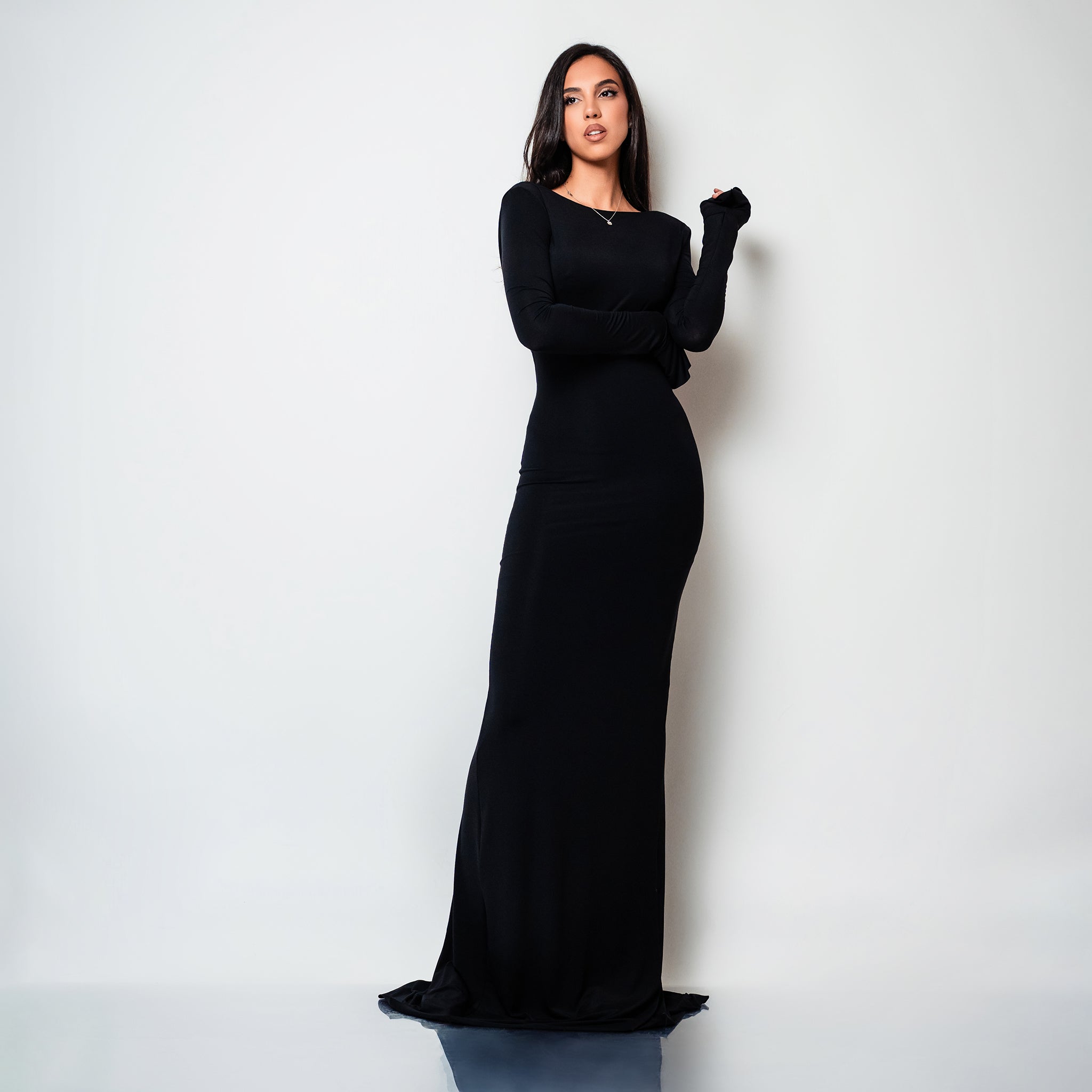 Rochie lunga neagra din bumbac de cocktail cu spatele gol si drapaje Luna Carolina D