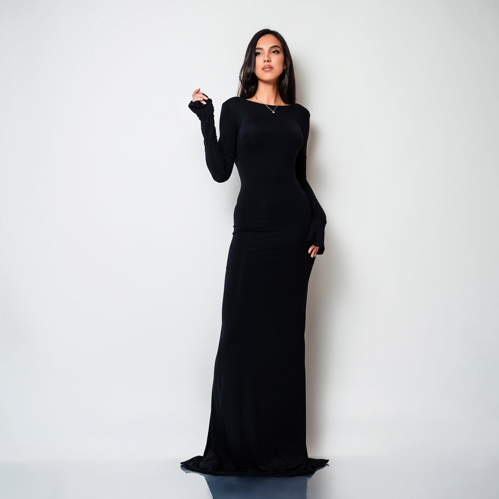 Rochie lunga neagra din bumbac de cocktail cu spatele gol si drapaje Luna Carolina D