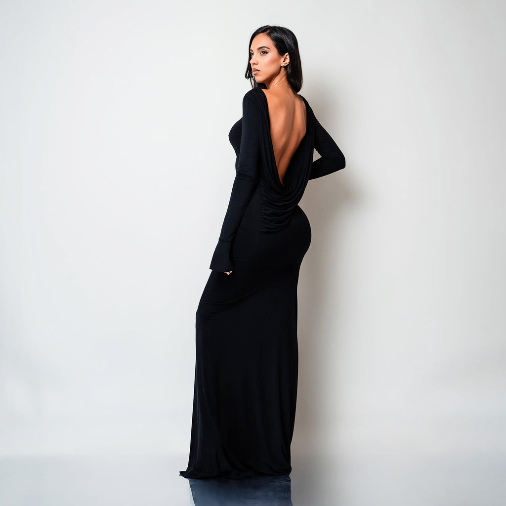 Rochie lunga neagra din bumbac de cocktail cu spatele gol si drapaje Luna Carolina D