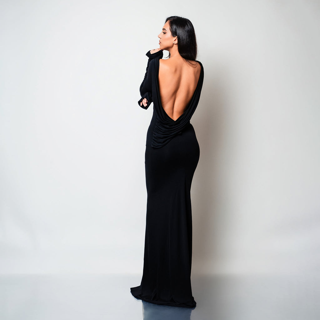 Rochie lunga neagra din bumbac de cocktail cu spatele gol si drapaje Luna Carolina D