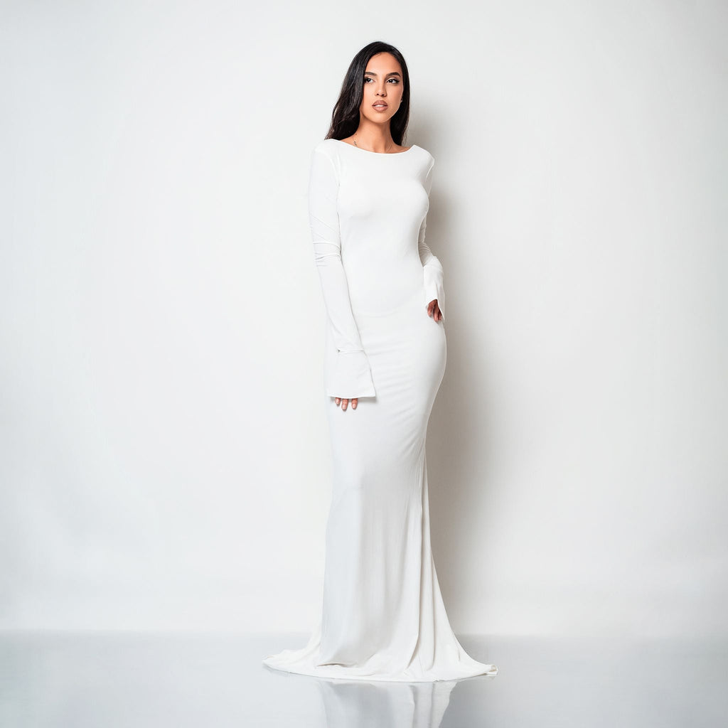 Rochie lunga alba din bumbac de cocktail cu spatele gol si drapaje Luna Carolina D