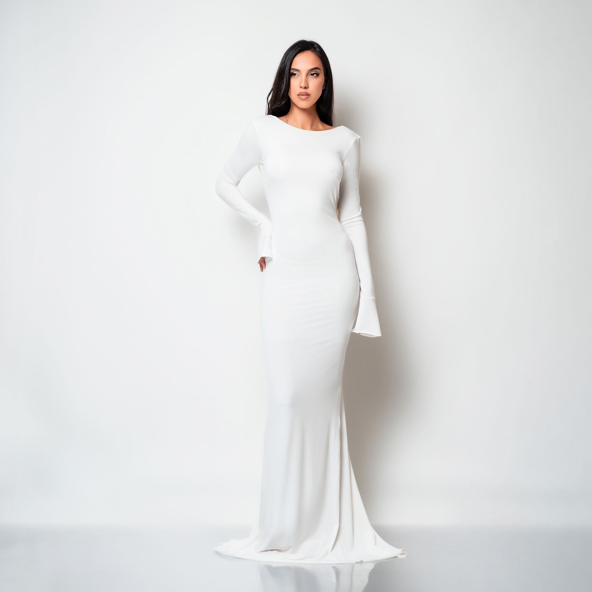 Rochie lunga alba din bumbac de cocktail cu spatele gol si drapaje Luna Carolina D