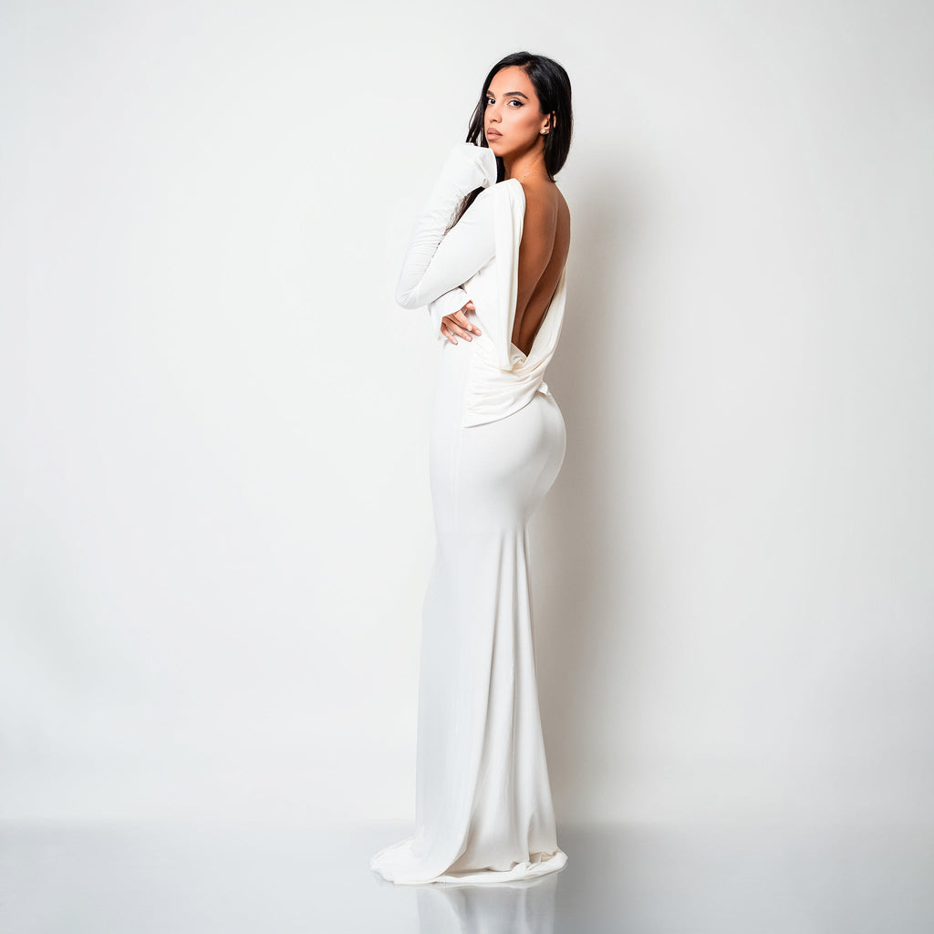 Rochie lunga alba din bumbac de cocktail cu spatele gol si drapaje Luna Carolina D