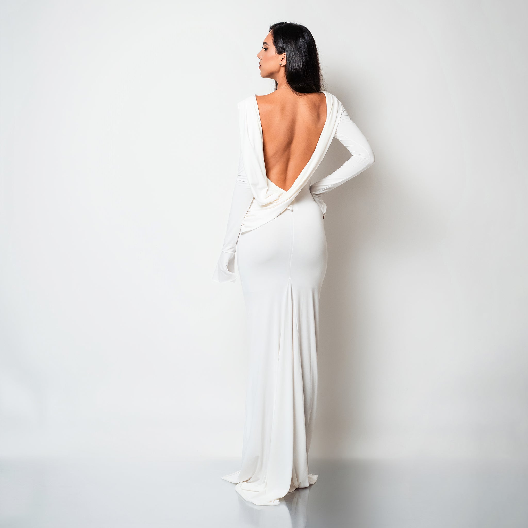 Rochie lunga neagra din bumbac de cocktail cu spatele gol si drapaje Luna Carolina D