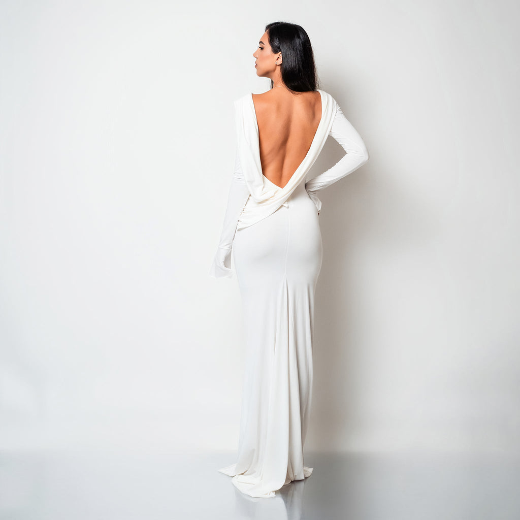 Rochie lunga alba din bumbac de cocktail cu spatele gol si drapaje Luna Carolina D