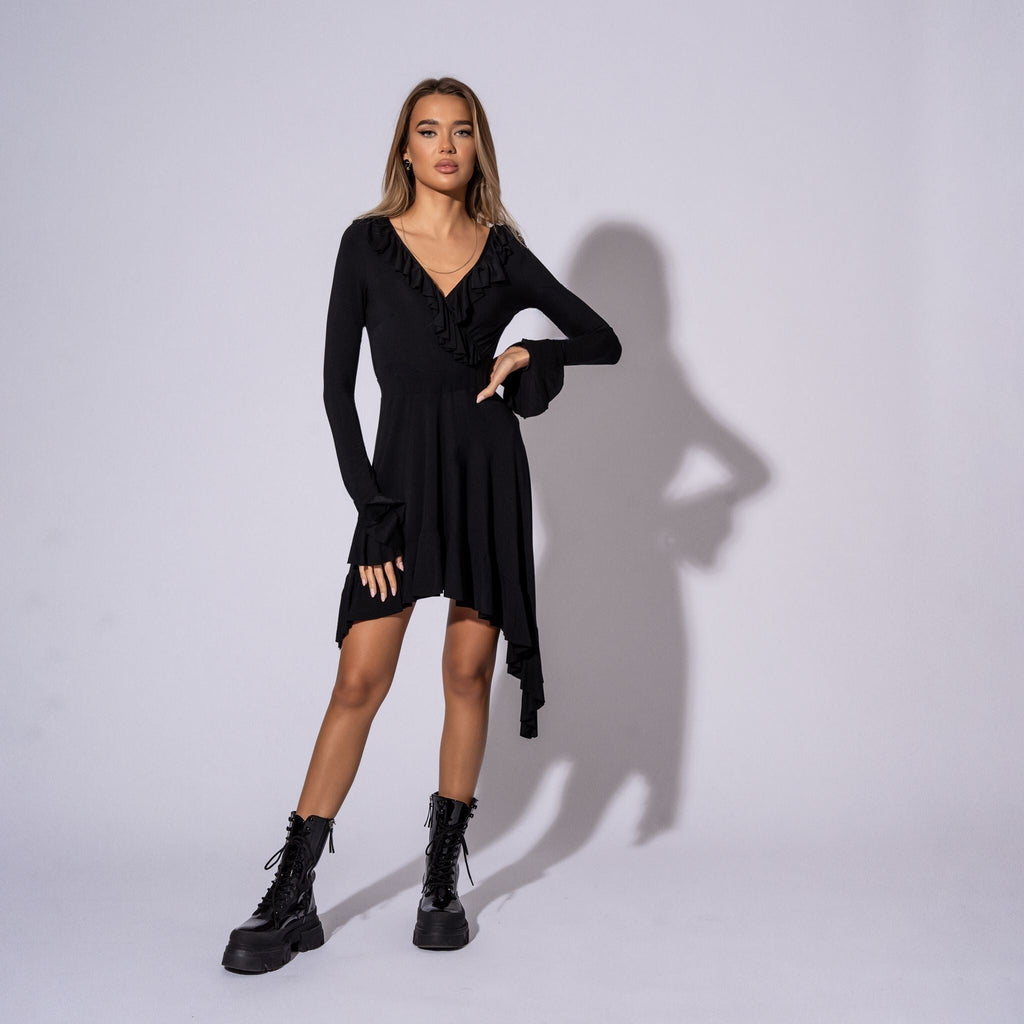 Rochie neagra asimetrica cu volane si maneca lunga Glow Carolina D