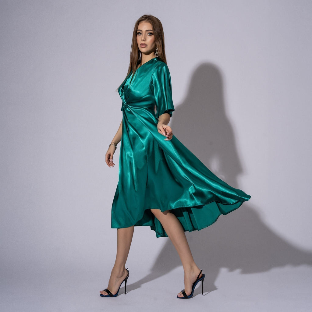 Rochie verde lunga din satin London Carolina D