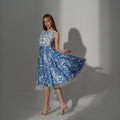 Rochie din matase printata cu bust decorat cu flori albe 3D Amina Carolina D