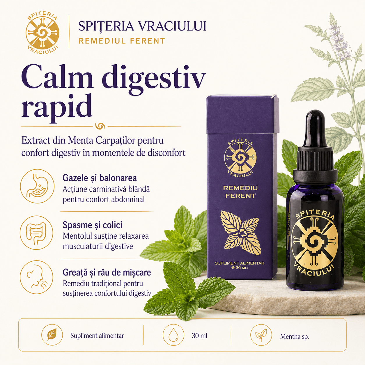 Remediu Natural Digestie și Diaree – Extract de Mentă FERENT | 30ml Spiteria Vraciului