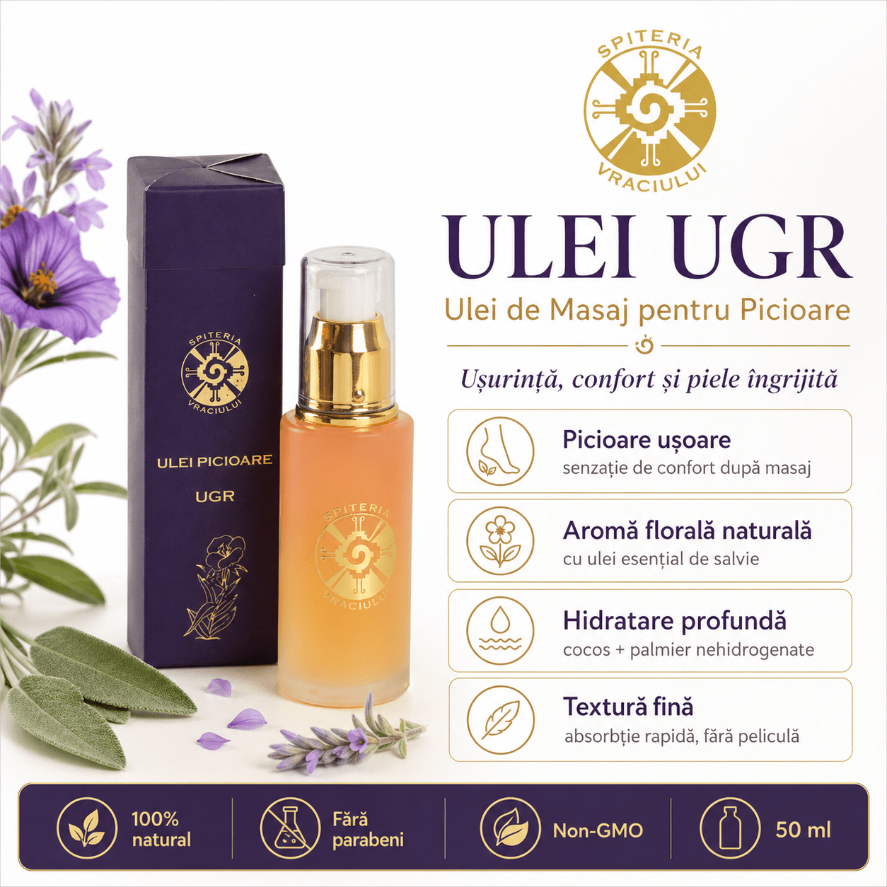 Ulei Natural Picioare Umflate, Gută și Dureri – UGR Spiteria Vraciului