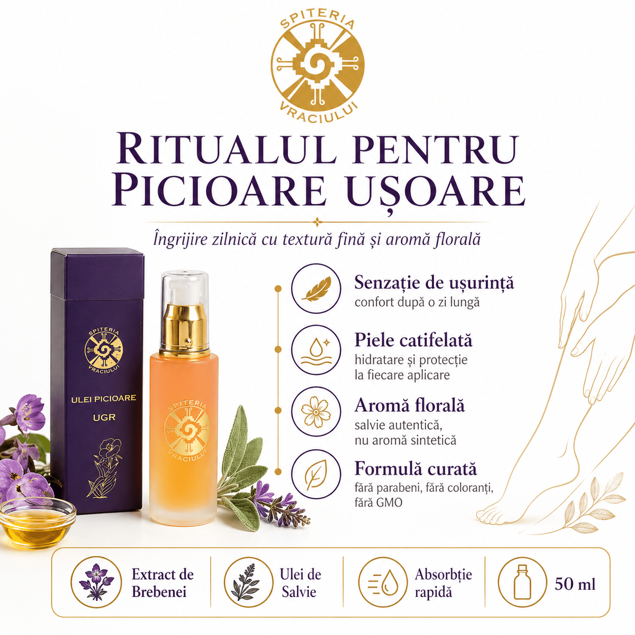 Ulei Natural Picioare Umflate, Gută și Dureri – UGR Spiteria Vraciului
