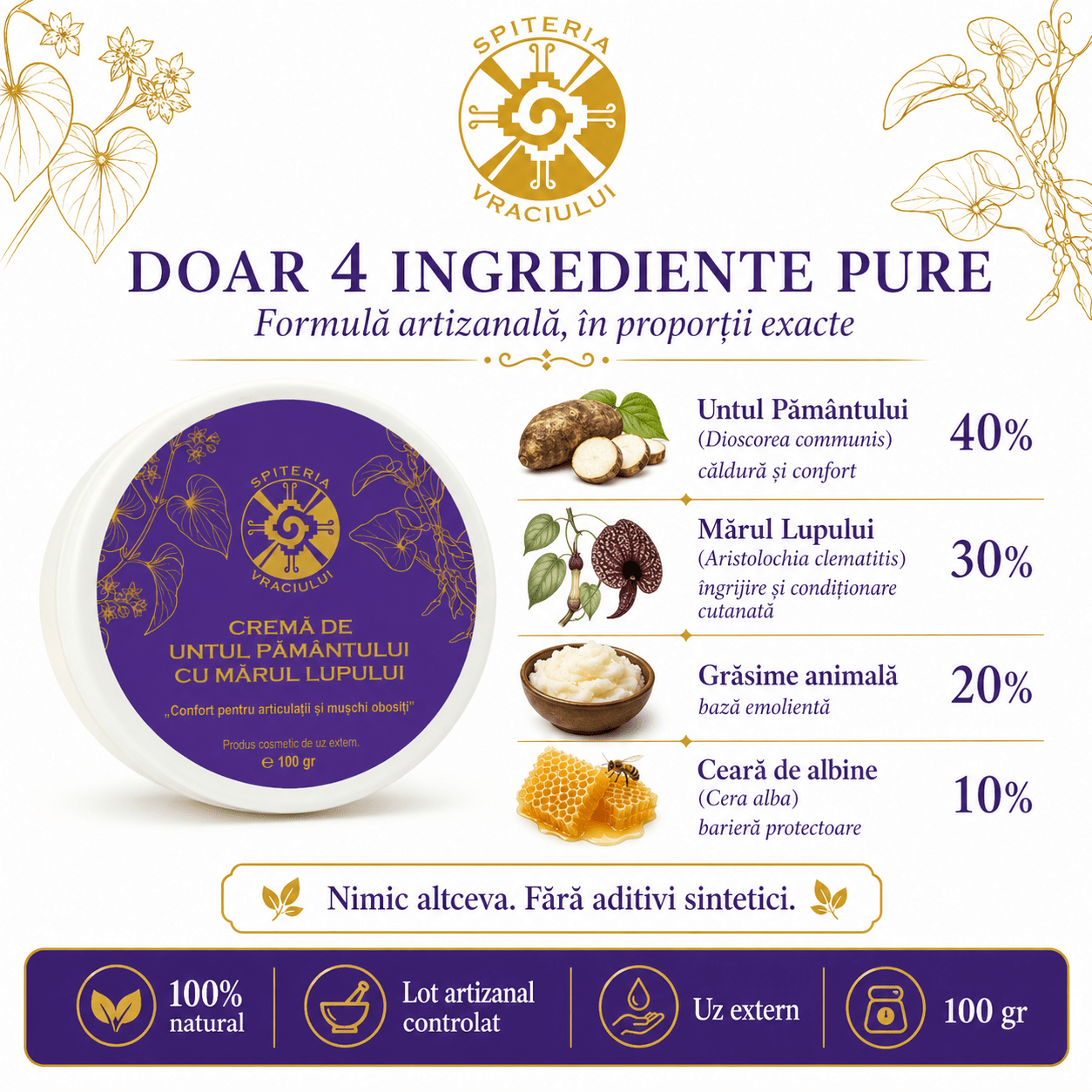 Leac Bătrânesc pentru Regenerarea Pielii – Cremă Untul Pământului și Mărul Lupului | 100g Spiteria Vraciului