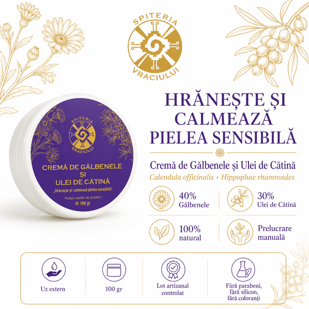 Leac Bătrânesc pentru Pielea Sensibilă – Cremă de Gălbenele și Ulei de Cătină | 100g Spiteria Vraciului