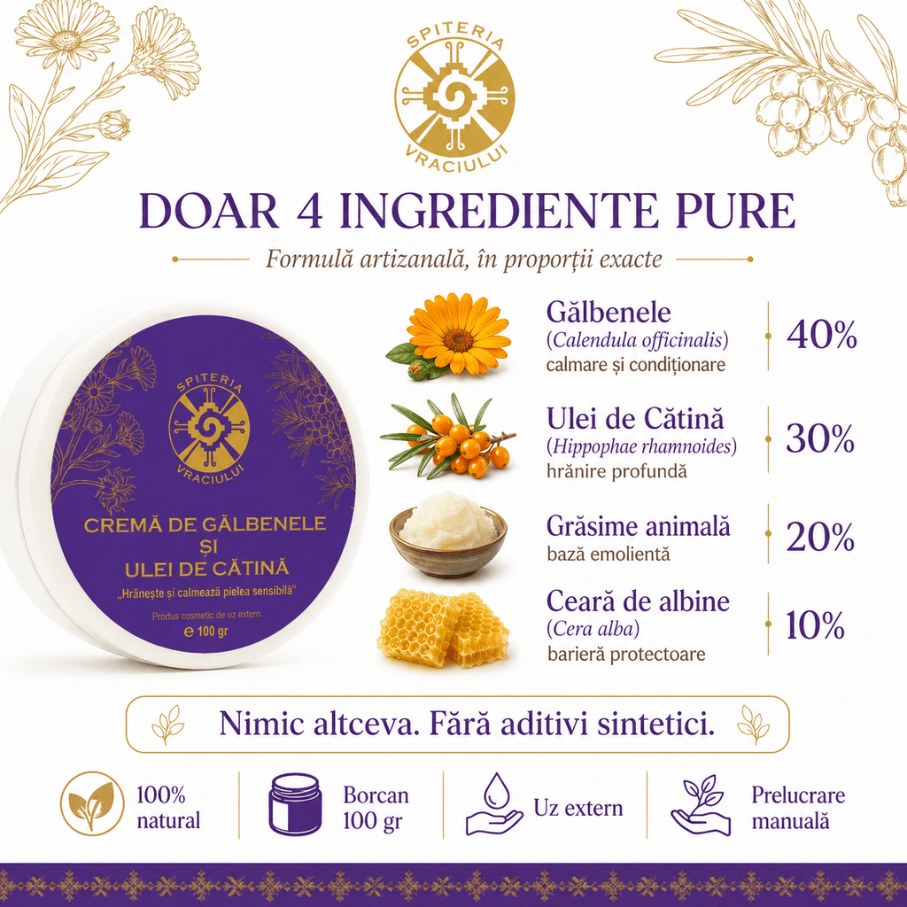 Leac Bătrânesc pentru Pielea Sensibilă – Cremă de Gălbenele și Ulei de Cătină | 100g Spiteria Vraciului