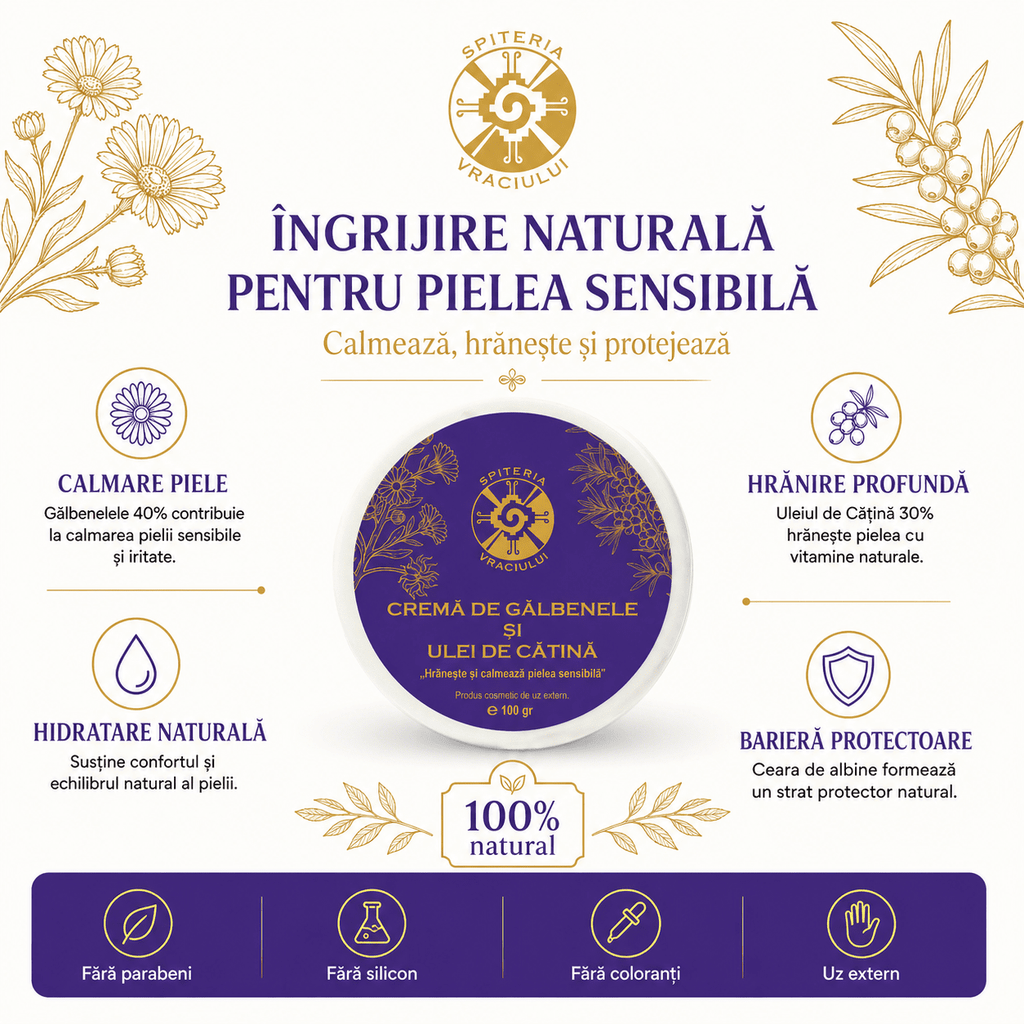 Leac Bătrânesc pentru Pielea Sensibilă – Cremă de Gălbenele și Ulei de Cătină | 100g Spiteria Vraciului