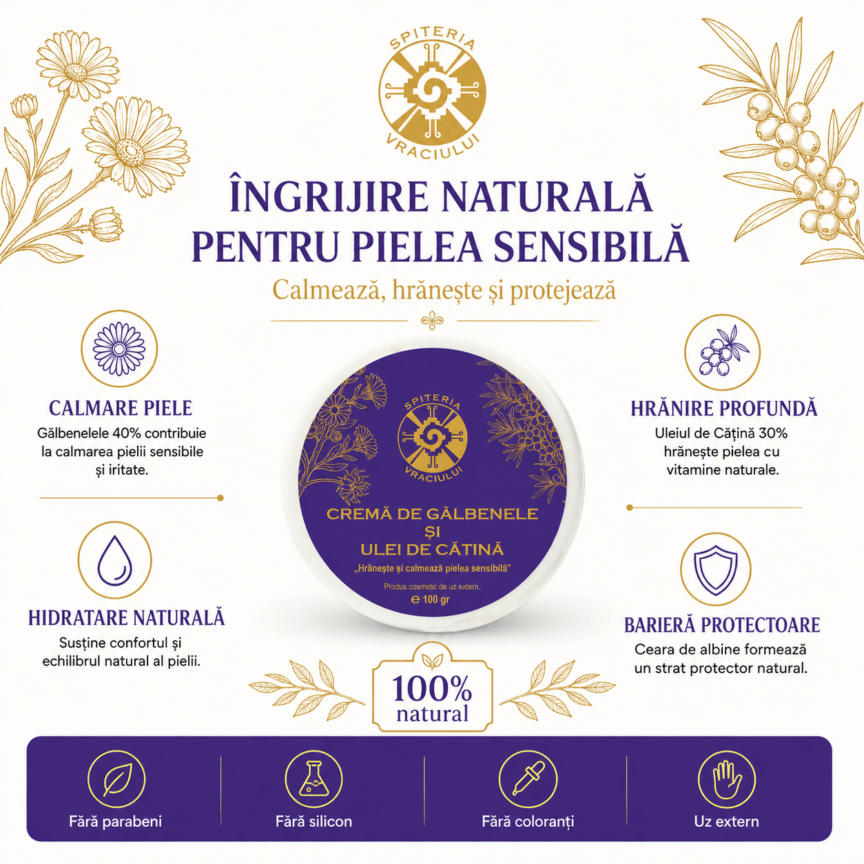 Leac Bătrânesc pentru Pielea Sensibilă – Cremă de Gălbenele și Ulei de Cătină | 100g Spiteria Vraciului
