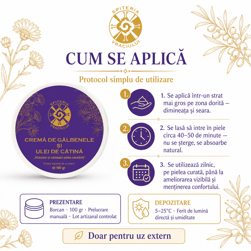 Leac Bătrânesc pentru Pielea Sensibilă – Cremă de Gălbenele și Ulei de Cătină | 100g Spiteria Vraciului