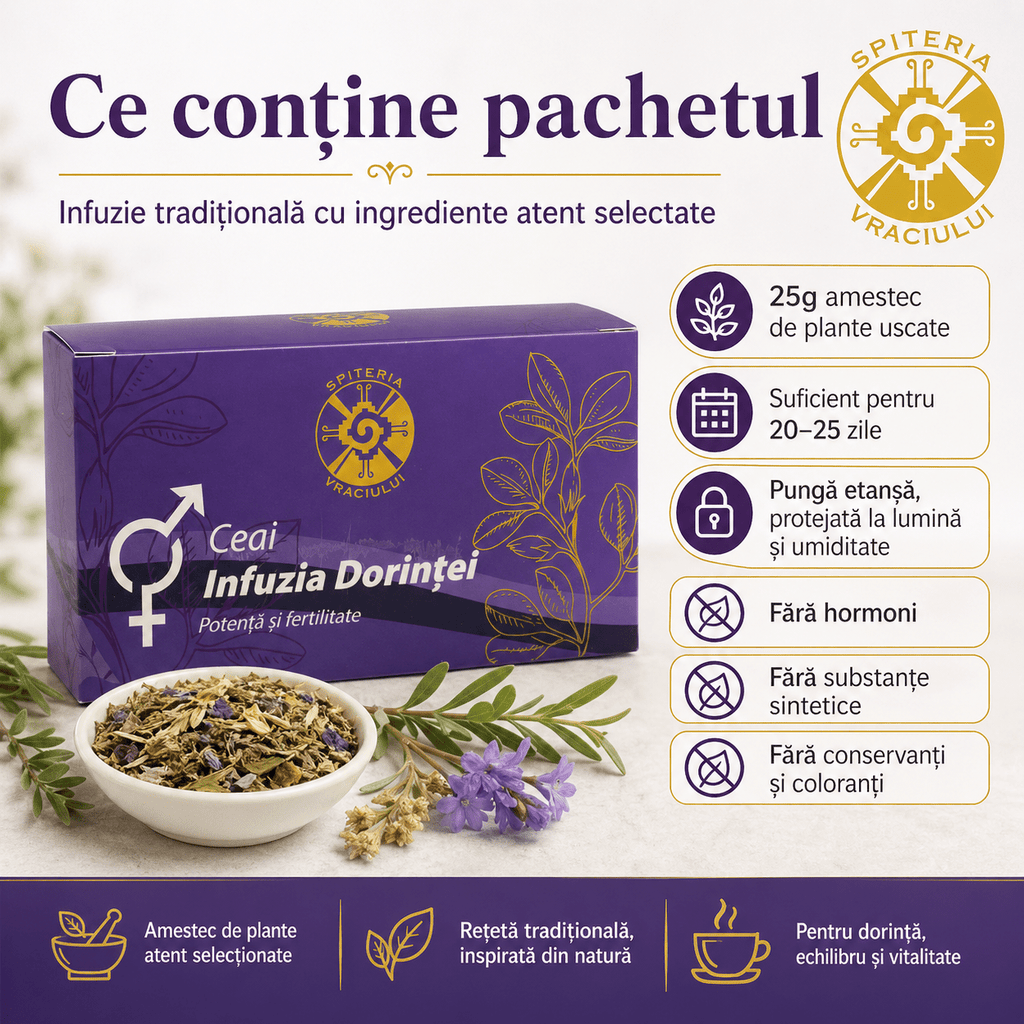 Ceai Natural Fertilitate și Potență – Infuzia Dorinței Spiteria Vraciului