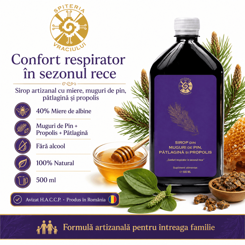 Leac Bătrânesc pentru Tuse și Bronșii – Sirop Muguri de Pin, Pătlagină și Propolis | 500ml Spiteria Vraciului
