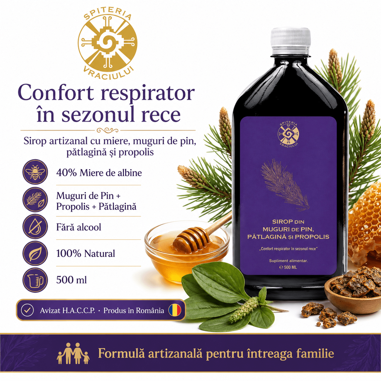 Leac Bătrânesc pentru Tuse și Bronșii – Sirop Muguri de Pin, Pătlagină și Propolis | 500ml Spiteria Vraciului