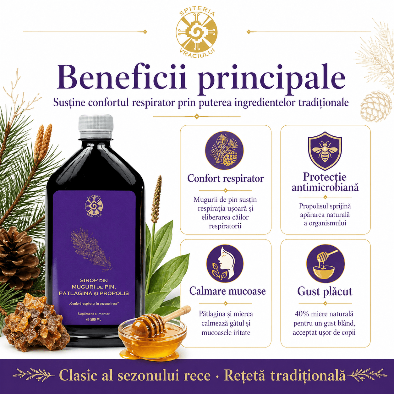 Leac Bătrânesc pentru Tuse și Bronșii – Sirop Muguri de Pin, Pătlagină și Propolis | 500ml Spiteria Vraciului