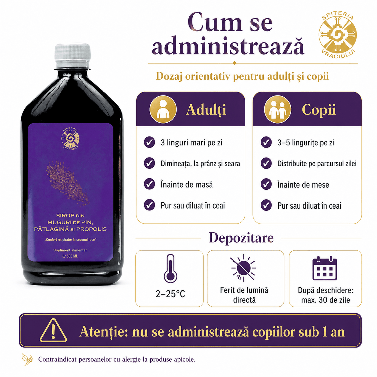 Leac Bătrânesc pentru Tuse și Bronșii – Sirop Muguri de Pin, Pătlagină și Propolis | 500ml Spiteria Vraciului
