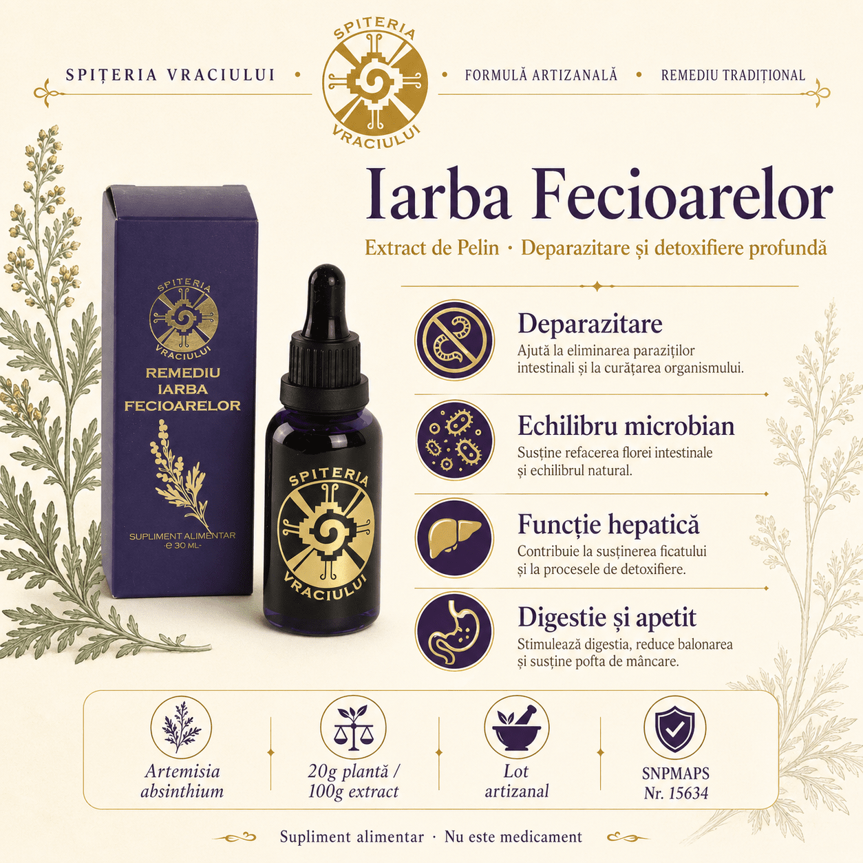 Remediu Natural Deparazitant – IARBA FECIOARELOR | 30ml Spiteria Vraciului