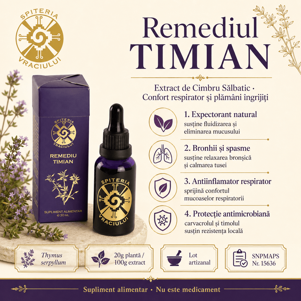Remediu Natural Plămâni, Astm și Sechele Pulmonare – TIMIAN | 30ml Spiteria Vraciului