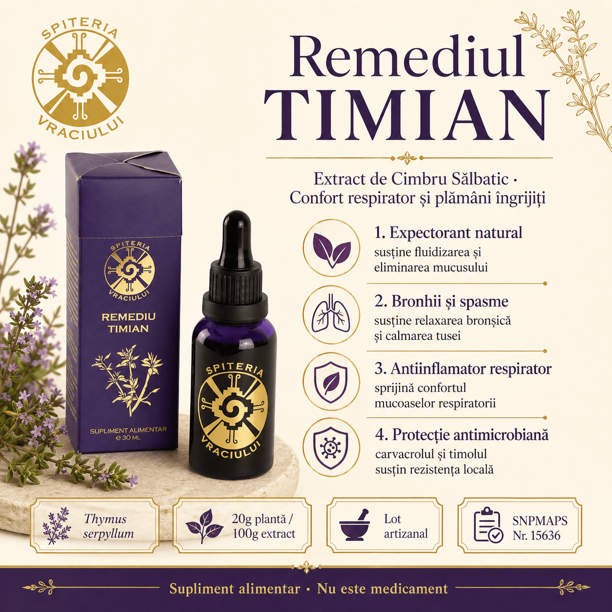 Remediu Natural Plămâni, Astm și Sechele Pulmonare – TIMIAN | 30ml Spiteria Vraciului
