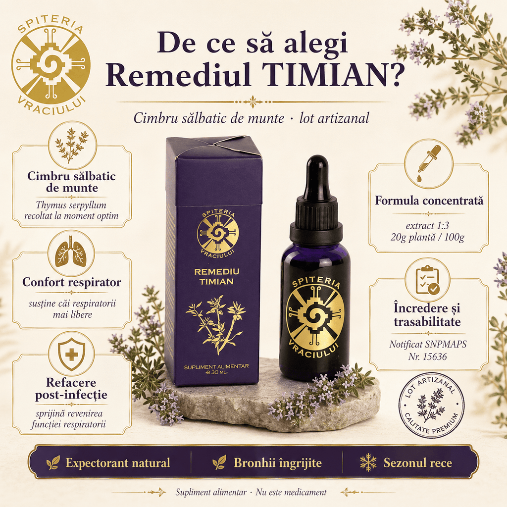 Remediu Natural Plămâni, Astm și Sechele Pulmonare – TIMIAN | 30ml Spiteria Vraciului