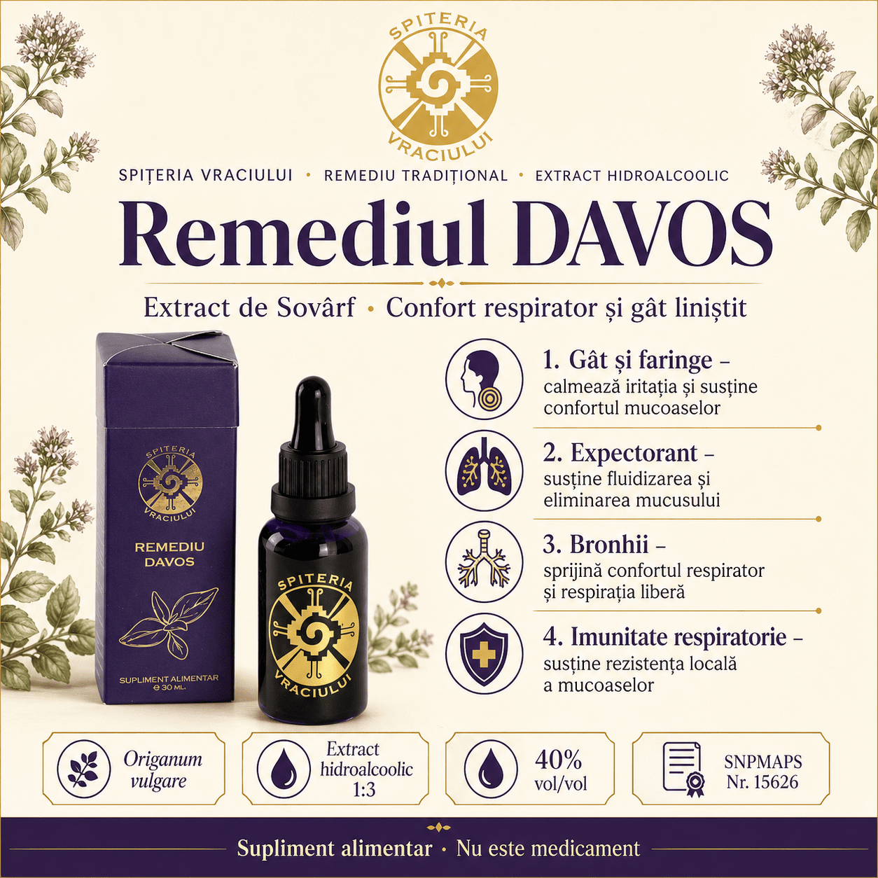 Remediu Natural Tuse și Dureri de Gât – DAVOS Antiinflamator | 30ml Spiteria Vraciului