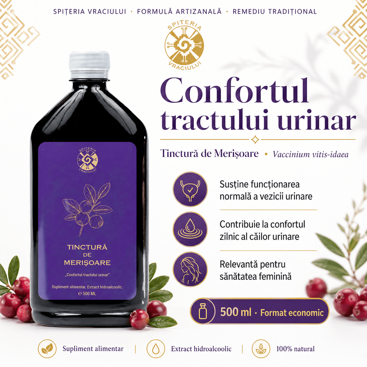Leac Bătrânesc pentru Tract Urinar – Tinctură de Merișoare | 500ml Spiteria Vraciului