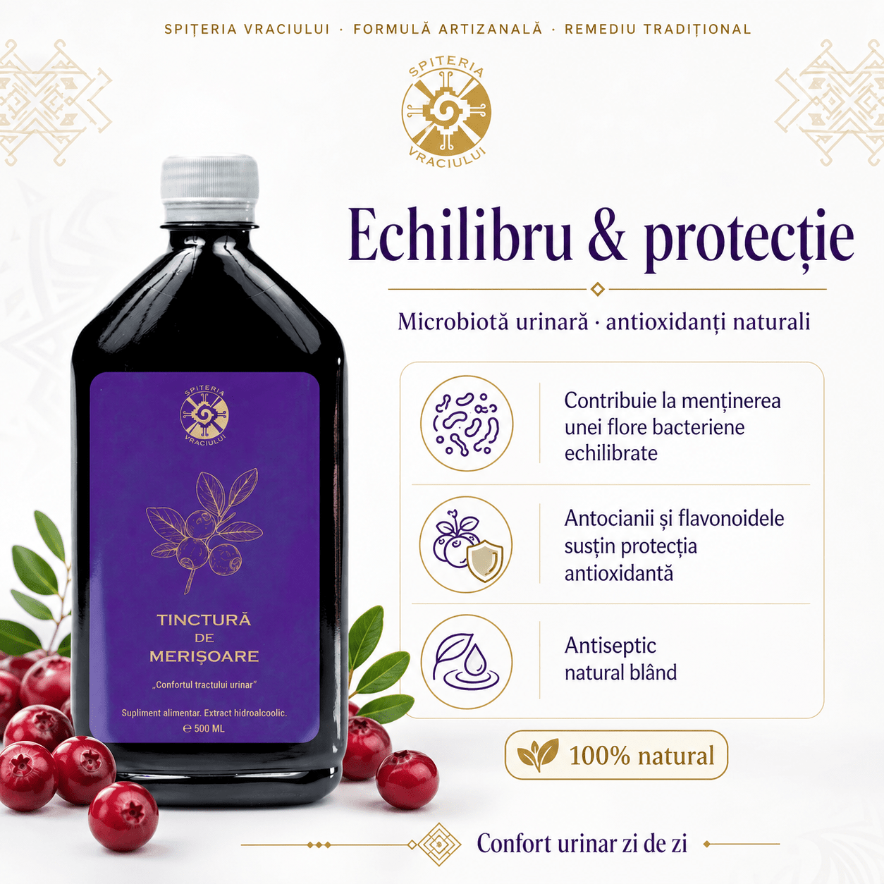 Leac Bătrânesc pentru Tract Urinar – Tinctură de Merișoare | 500ml Spiteria Vraciului