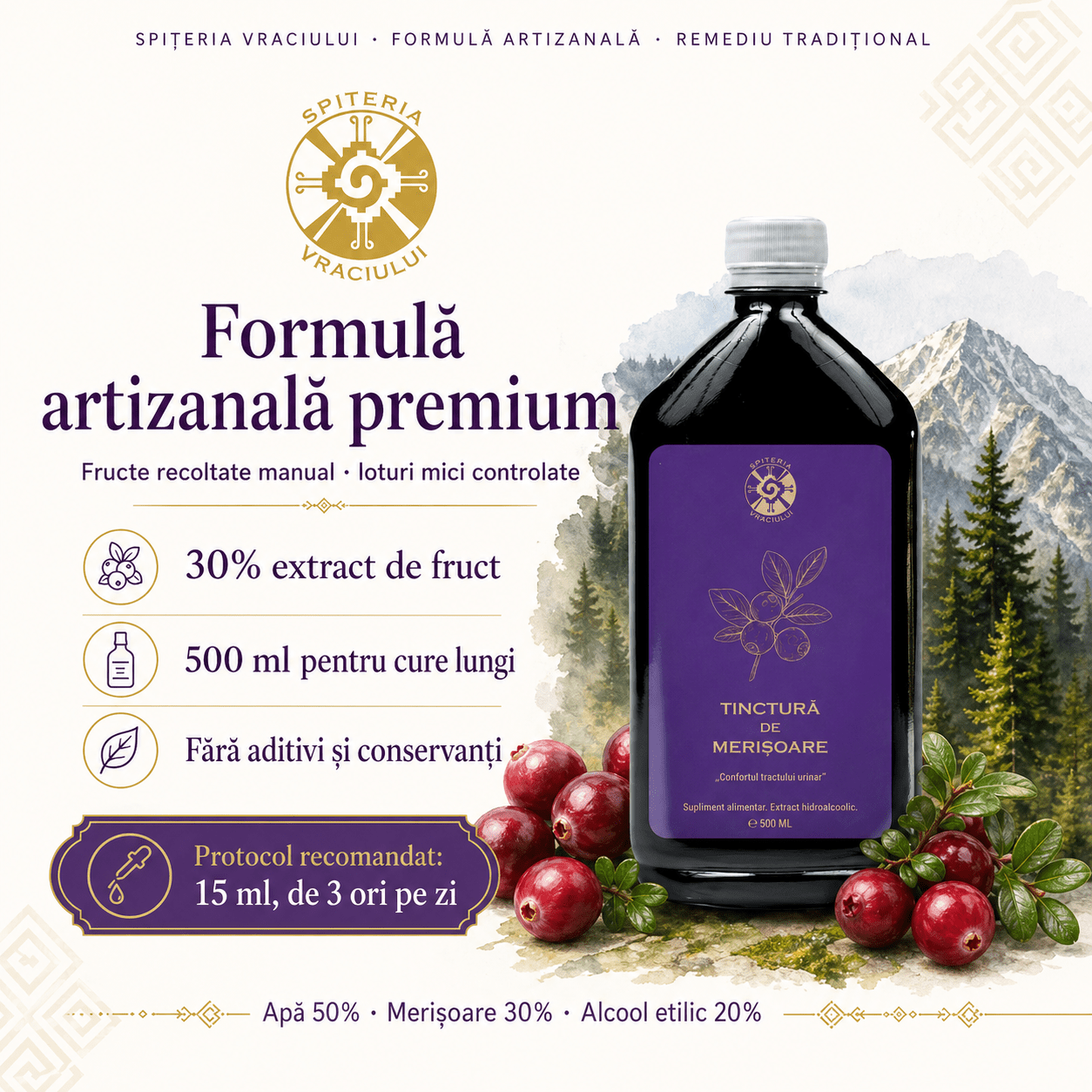 Leac Bătrânesc pentru Tract Urinar – Tinctură de Merișoare | 500ml Spiteria Vraciului