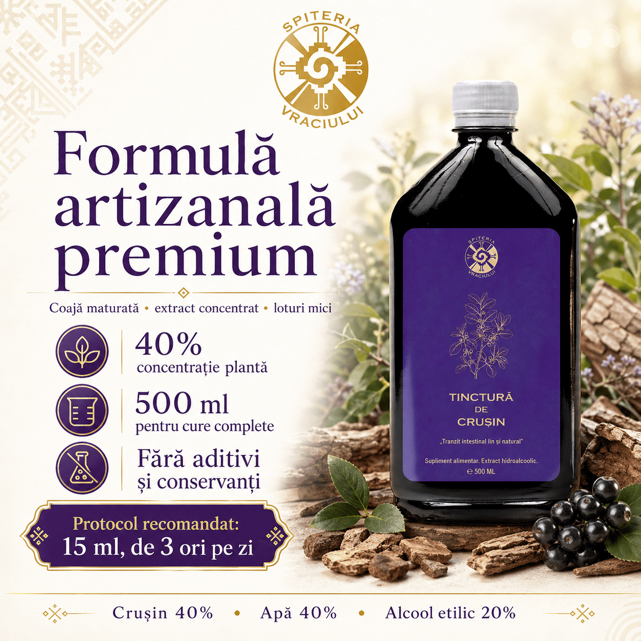 Tinctură de Crușin – Tranzit Intestinal Lin și Natural | Laxativ Blând 500ml Spiteria Vraciului