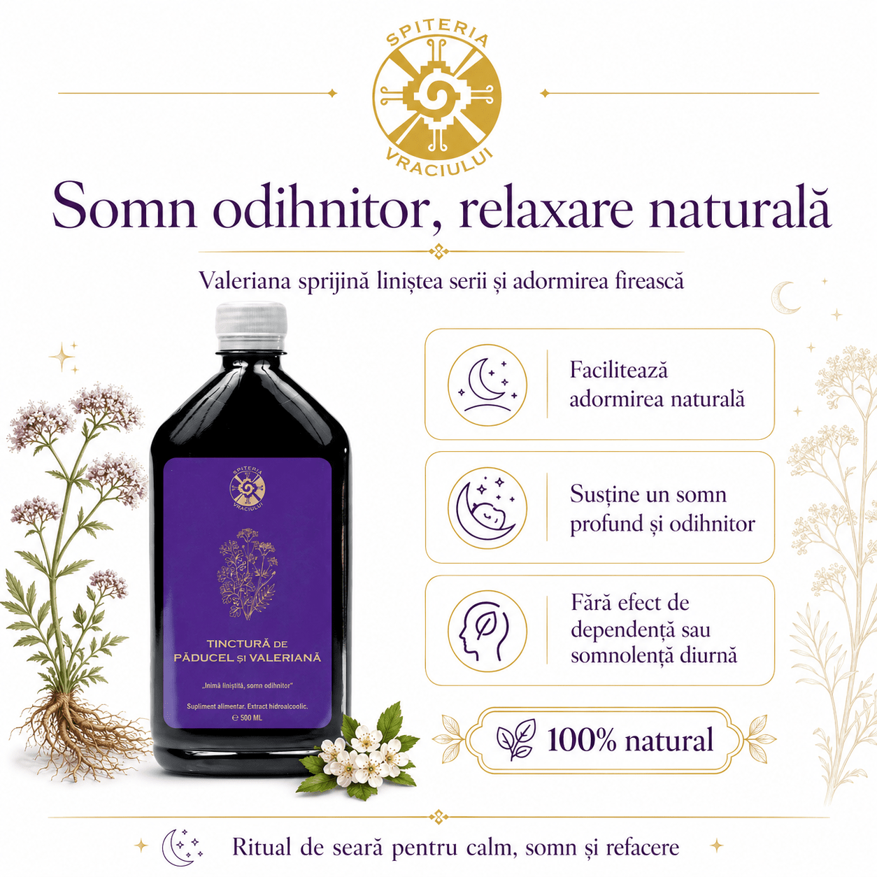 Tinctură de Păducel și Valeriană – Inimă Liniștită și Somn Odihnitor | 500ml Spiteria Vraciului