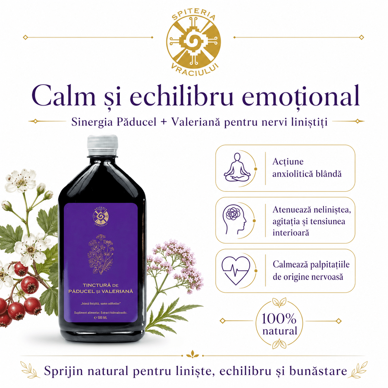 Tinctură de Păducel și Valeriană – Inimă Liniștită și Somn Odihnitor | 500ml Spiteria Vraciului