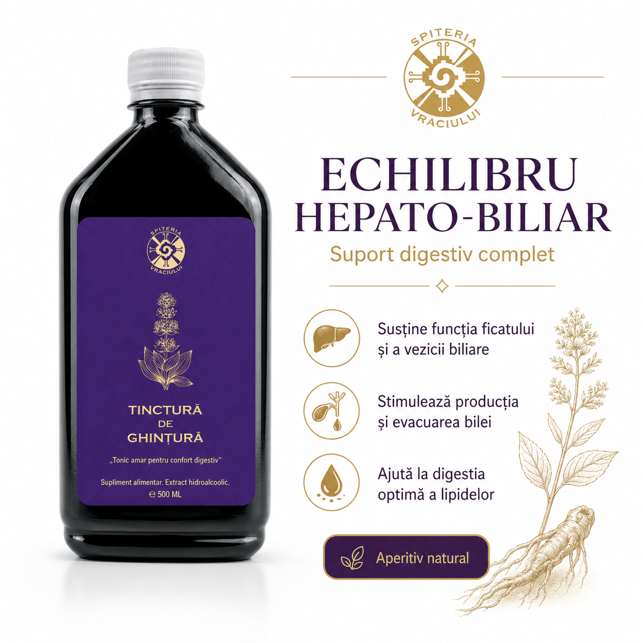 Tinctură de Ghințură – Tonic Amar pentru Digestie și Confort Gastric | 500ml Spiteria Vraciului