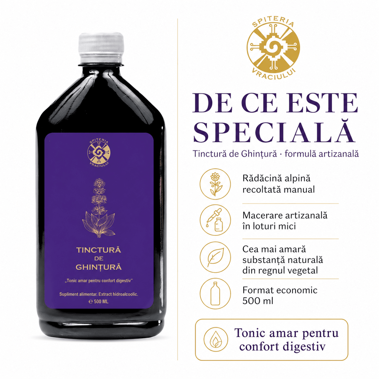 Tinctură de Ghințură – Tonic Amar pentru Digestie și Confort Gastric | 500ml Spiteria Vraciului