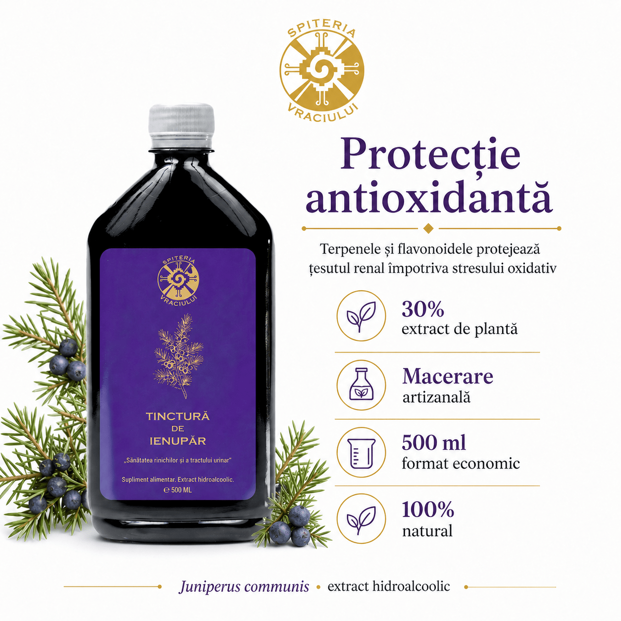Tinctură de Ienupăr – Sănătatea Rinichilor și Tractului Urinar | 500ml Spiteria Vraciului