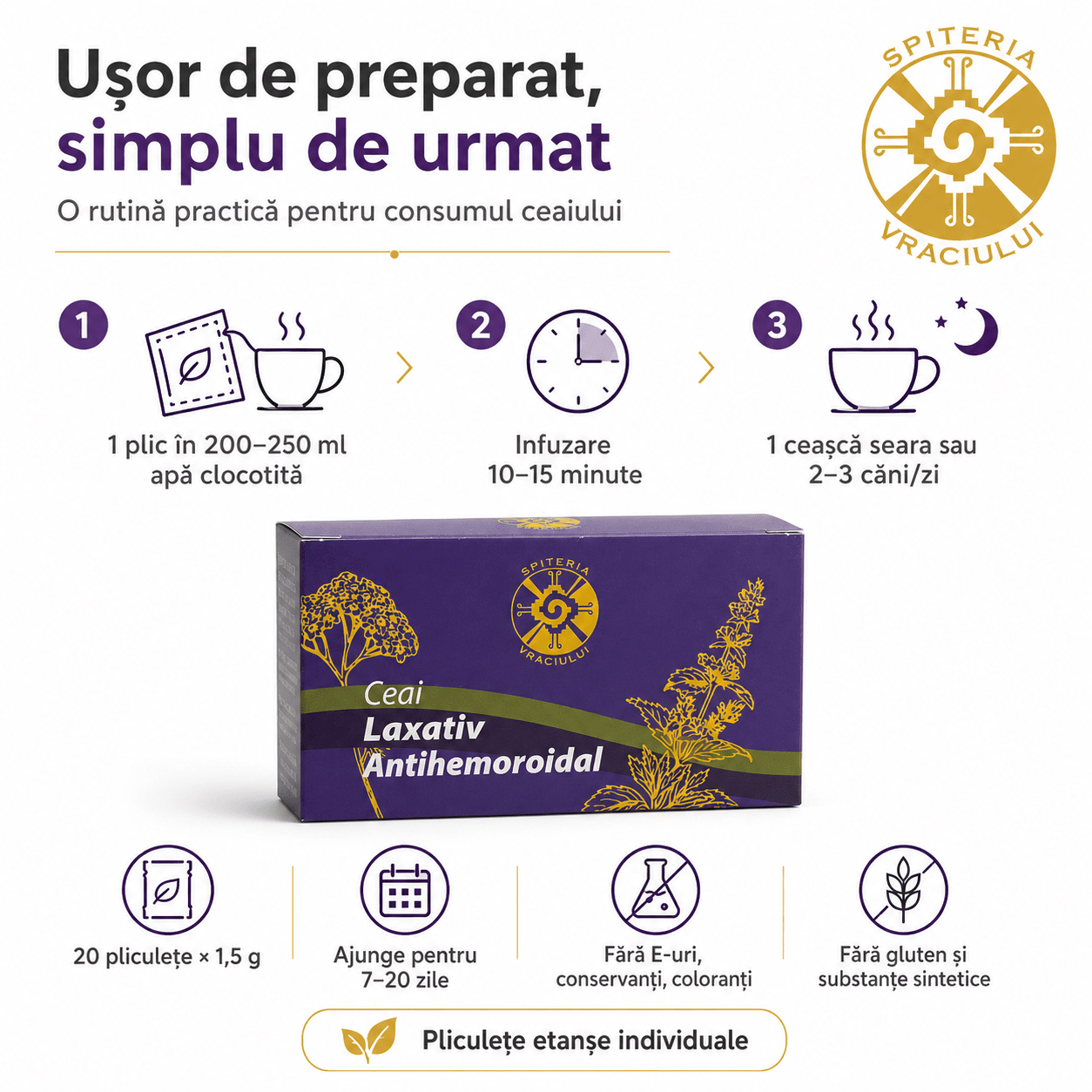 Ceai Natural Laxativ și Antihemoroidal – Tranzit Intestinal Sănătos Spiteria Vraciului