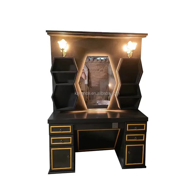 Barbershop Mirror Station with Integrated Storage Space for Salon