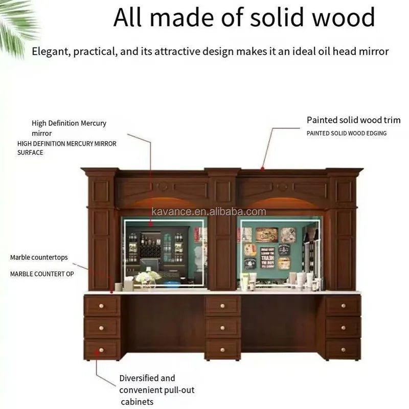 Barbershop Mirror Station with Integrated Storage Space for Salon