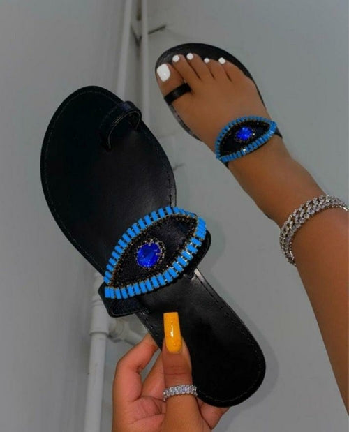 Female Rhinestone Eyes Slides Fashion Round Toe Flat Slippers - Cart2u.ro