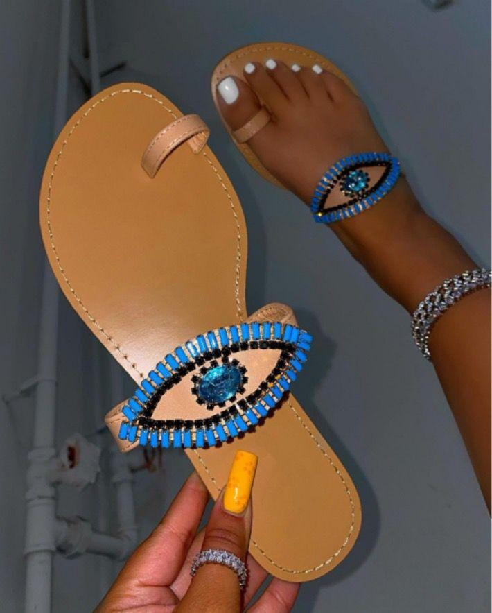 Female Rhinestone Eyes Slides Fashion Round Toe Flat Slippers - Cart2u.ro