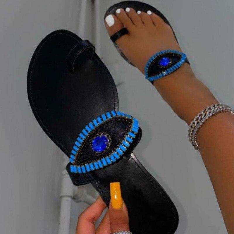 Female Rhinestone Eyes Slides Fashion Round Toe Flat Slippers - Cart2u.ro