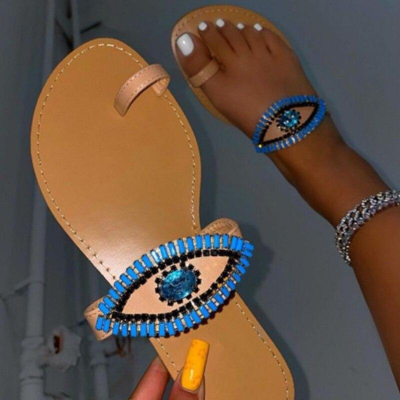 Female Rhinestone Eyes Slides Fashion Round Toe Flat Slippers - Cart2u.ro