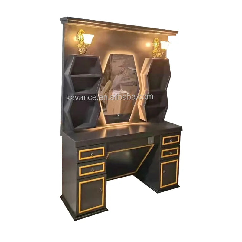 Barbershop Mirror Station with Integrated Storage Space for Salon